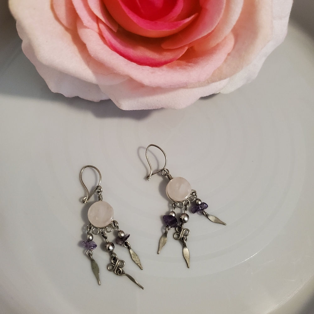 Peruvian semi-precious rose quarts stone and amethyst earrings